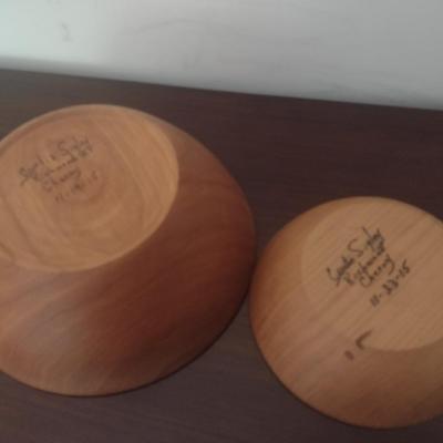 Pair of Hand Turned Cherry Wood Bowls Signed by Artist