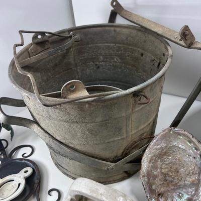 Galvanized farm picking  buckets 1950s porcelain bathroom fixtures