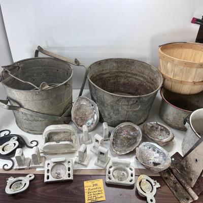 Galvanized farm picking  buckets 1950s porcelain bathroom fixtures