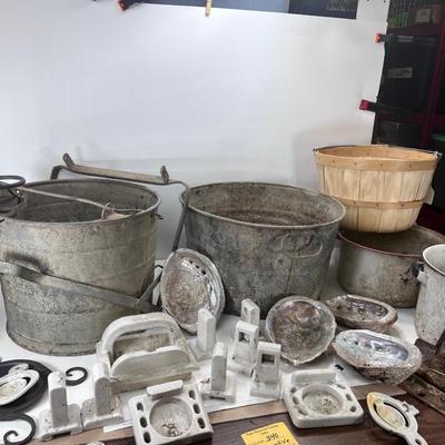Galvanized farm picking  buckets 1950s porcelain bathroom fixtures