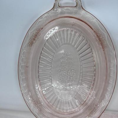 Pink Depression glass serving platters bowl