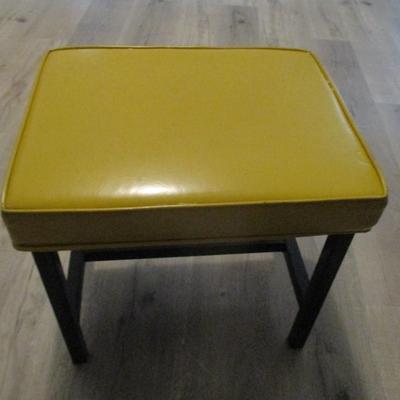 Vintage Wood Framed Yellow Vinyl Upholstered Footstool - I