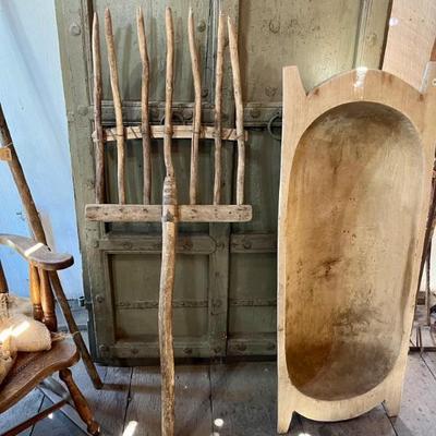 Antique Hay Fork and Dough Bowl