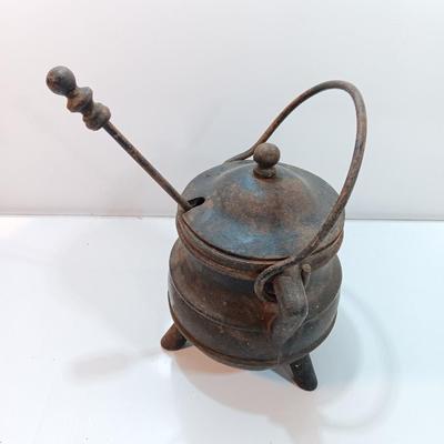 Antique Cast Iron Fire starter smelting cauldron with Cape Cod lighter wand.