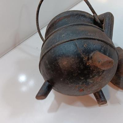 Antique Cast Iron Fire starter smelting cauldron with Cape Cod lighter wand.