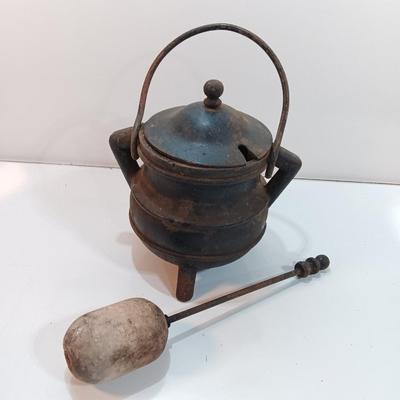 Antique Cast Iron Fire starter smelting cauldron with Cape Cod lighter wand.