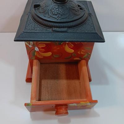 Vintage Dovetail Wood Ornate Cast Iron Top Hand Crank Coffee Grinder with Drawer