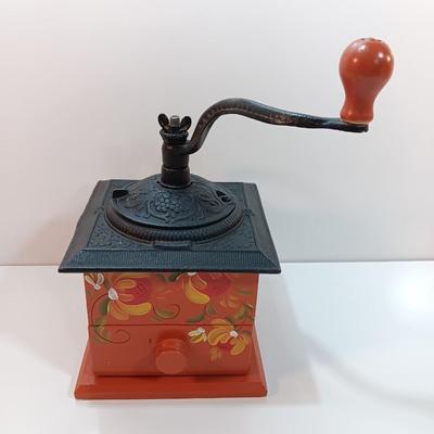Vintage Dovetail Wood Ornate Cast Iron Top Hand Crank Coffee Grinder with Drawer