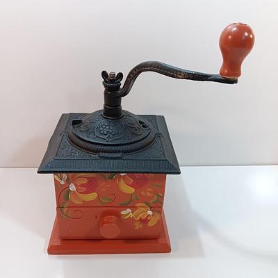 Vintage Dovetail Wood Ornate Cast Iron Top Hand Crank Coffee Grinder with Drawer