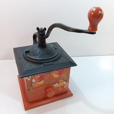 Vintage Dovetail Wood Ornate Cast Iron Top Hand Crank Coffee Grinder with Drawer