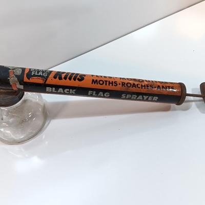 Vintage Black Flag Bug Fly Sprayer Orange And Black With Glass Bottle