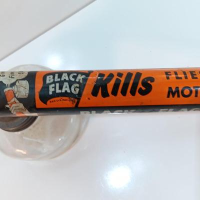 Vintage Black Flag Bug Fly Sprayer Orange And Black With Glass Bottle