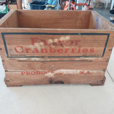 WOODEN CRANBERRY CRATE AND A LINEN GRASS SEED BAG