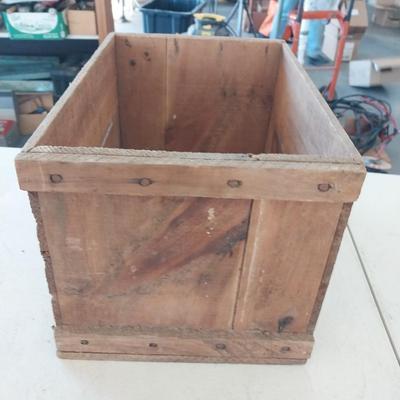 WOODEN CRANBERRY CRATE AND A LINEN GRASS SEED BAG