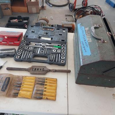 TAP AND DIE SET, SCREW EXTRACTOR, METAL TOOL BOX AND MORE,