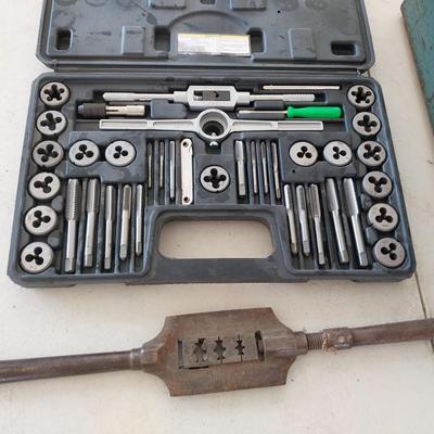 TAP AND DIE SET, SCREW EXTRACTOR, METAL TOOL BOX AND MORE,