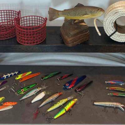 Wood Carved Trout, Fishing Lures And More. Red Fin, Quicksilver, And More