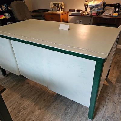 Green metal desk - used as sewing table 60 X 34