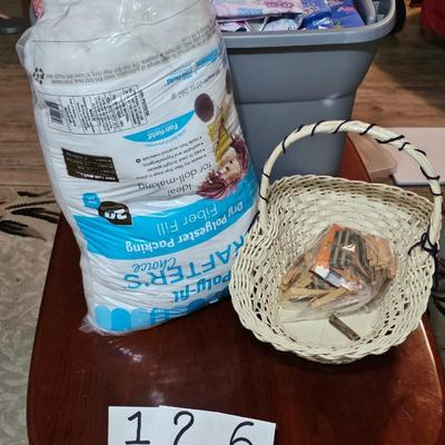 Tote of scrubs, basket, and polyester poly fill, extras