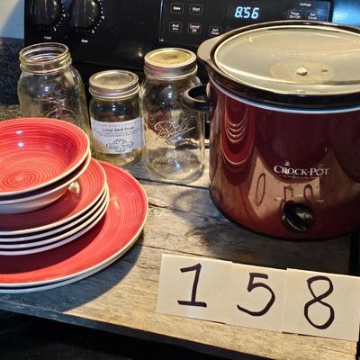 Crock pot, dishes, canning jars