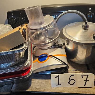 Rachel Ray food processor, presto pressure cooker, aluminum trays