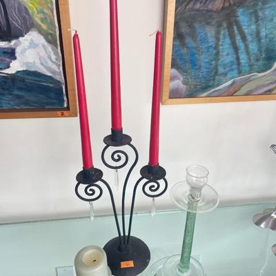 Three assorted candlesticks â€“ glass & metal.