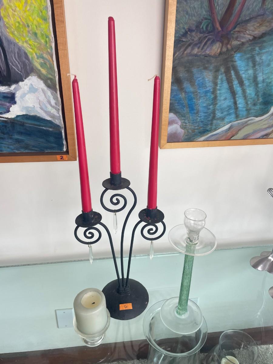 Three assorted candlesticks glass & metal.