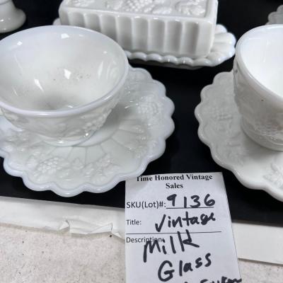 Westmoreland Milk Glass cups, saucers plates grape vine Pattern