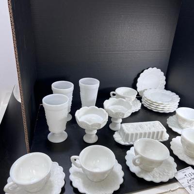 Westmoreland Milk Glass cups, saucers plates grape vine Pattern