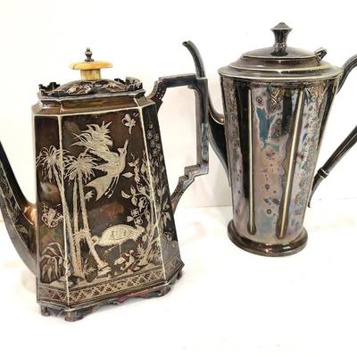 Lot #39  Lot of 2 Antique Silverplate Teapots