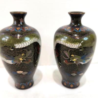 Lot #40 Charming Pair of Small Cloisonne Style Vases featuring a Dragon
