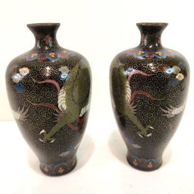 Lot #40 Charming Pair of Small Cloisonne Style Vases featuring a Dragon