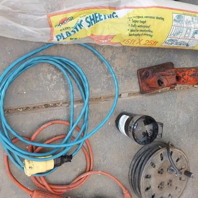 METAL SECTIONED BOX, TROUBLE LIGHTS, BOTTLE JACK AND MORE