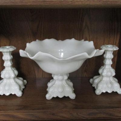 Vintage White Ceramic Candle Holder & Pedestal Bowl - H