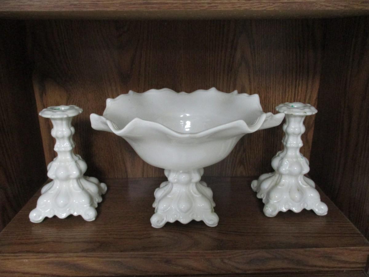 Vintage White Ceramic Candle Holder & Pedestal Bowl H
