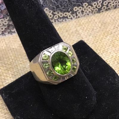 Large Silver 925 Green Stone Type Ring