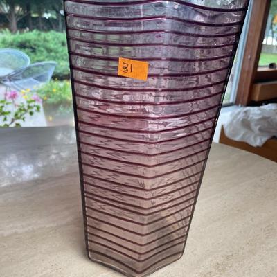 Red/Purple Striped on Clear Glass Vase - hand blown approx 12â€ tall