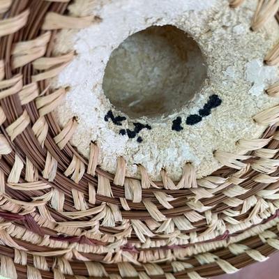 Folk Art Raffia & Long Needle Handmade Basket Signed