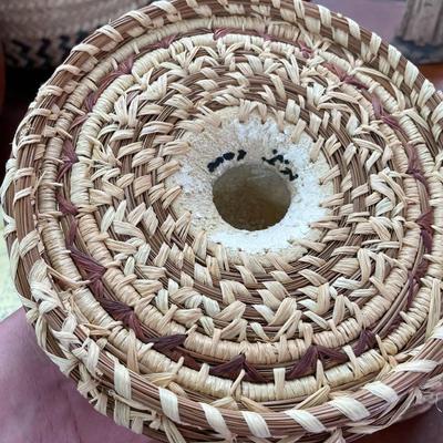 Folk Art Raffia & Long Needle Handmade Basket Signed