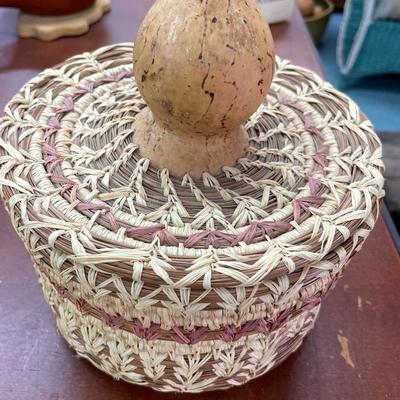 Folk Art Raffia & Long Needle Handmade Basket Signed