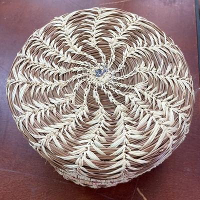 Folk Art Raffia & Long Needle Handmade Basket Signed