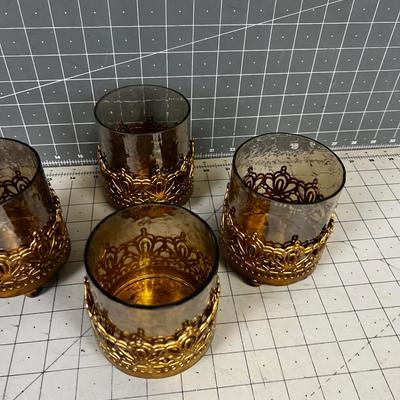 Gold & Smoked Glass Votive Candle Holders 4 NEW 