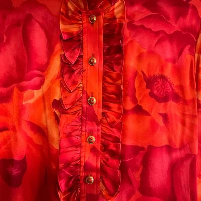 UB2091 Fabulous Silk ST. JOHN Red Floral Blouse with Jacobson 2pc Knit Skirt Suit
