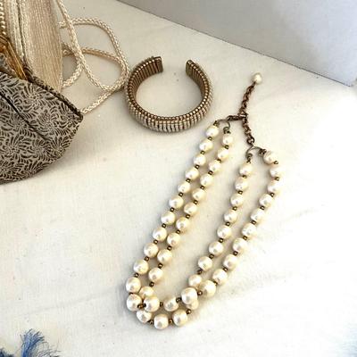 UB2097 Lot of Blue Silk Shawl with Vintage Pearl Handbags, Necklace and Bracelet