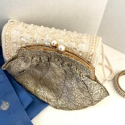 UB2097 Lot of Blue Silk Shawl with Vintage Pearl Handbags, Necklace and Bracelet