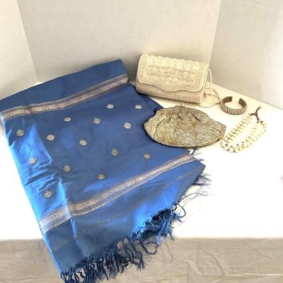 UB2097 Lot of Blue Silk Shawl with Vintage Pearl Handbags, Necklace and Bracelet