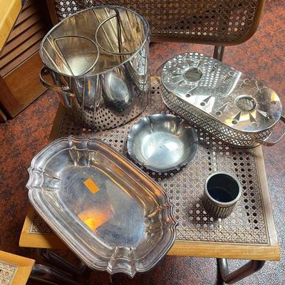Assorted Metal Lot including wine cooler, warmer, small dish, silver tray & plate.
