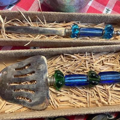 Blue & Green Glass Handles Letter Opener & Spatula