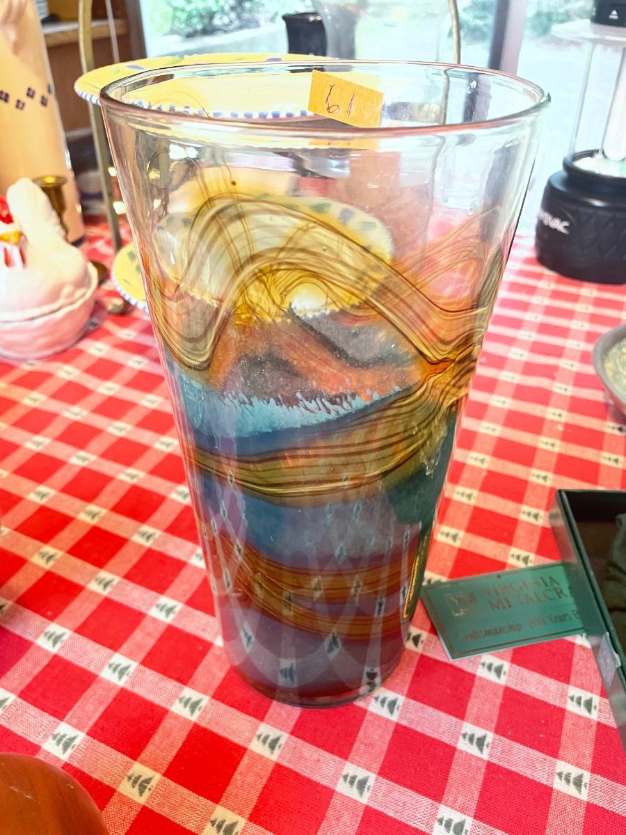 Tall glass vase with blue green swirls, and polished Pontil