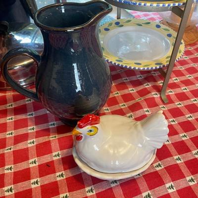 Blue Ceramic Pitcher & Rooster Dish